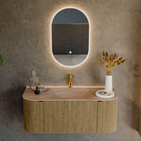 MONDIAZ KURVE-DLUX Meuble de salle de bains 110cm arrondi gauche + droite couleur Dusk avec 1 tiroir et 2 portes. Lavabo CLOUD central 1 trou de robinet Saba. SW1433321