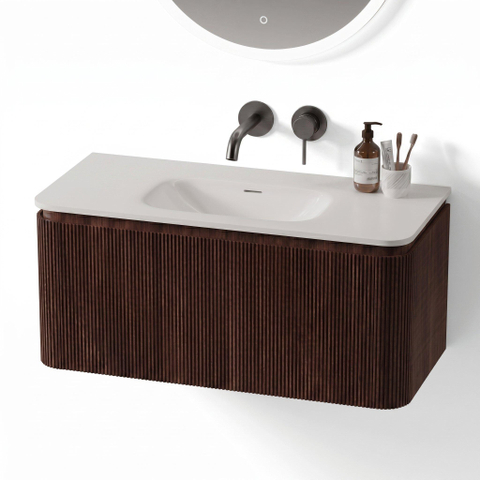 Royal Plaza Terra Edge Ensemble meuble de salle de bains - 100x45.5x46cm - vasque en céramique blanc brillant - 1 vasque - sans trous de robinet - 2 tiroirs - châtaignier (noyer) SW1471935