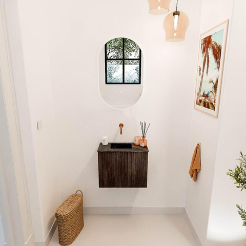 Mondiaz JOYA-DLUX 50cm toiletmeubel - kleur Walnut - Wastafel FAYE positie Links Zonder kraangat kleur Lava. SW1422479