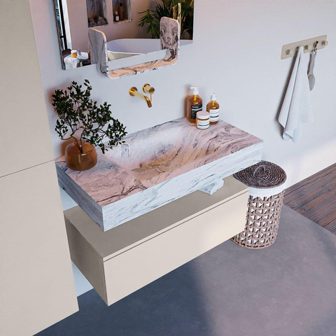 Mondiaz ALAN-DLUX Ensemble de meuble - 90cm - meuble Linen mat - 1 tiroir - Lavabo Cloud Glace suspendu - vasque Centre - 0 trous de robinet SW805901