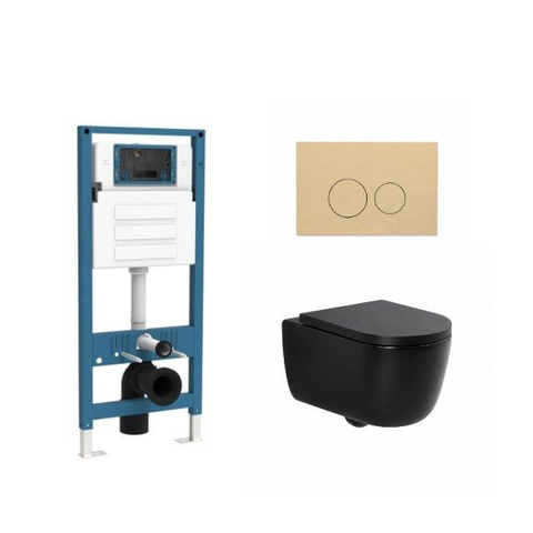 QeramiQ Dely Swirl Ensemble de toilette - réservoir encastré Qeramiq Flush - abattant 35mm - plaque de déclenchement beige en plastique - boutons ronds - noir mat SW1578295