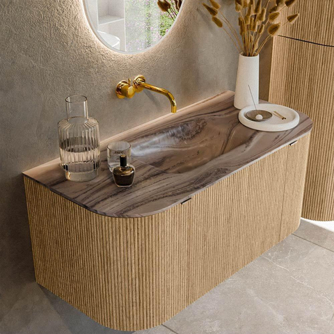 MONDIAZ KURVE-DLUX 100cm badmeubel ronding Links + Rechts kleur Oak met 1 lade en 2 deuren. Wastafel GRUNNE Midden zonder kraangat Sombra. SW1433530