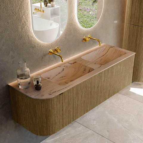MONDIAZ KURVE-DLUX Meuble de salle de bains 145cm arrondi gauche couleur Dusk avec 1 tiroir et 1 porte. Lavabo LEAF Double / Droite sans trou de robinet Arena. SW1431410