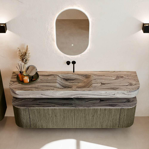MONDIAZ THOR-DLUX Meuble de salle de bains - 180cm - arrondi gauche + droite - couleur Shadow - 2 tiroirs - 2 portes - Vasque suspendue CLOUD Milieu sans trou de robinet - couleur Sombra SW1466344