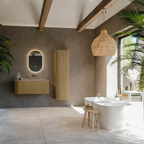 MONDIAZ KURVE-DLUX Meuble de salle de bains 105cm arrondi à gauche couleur Dusk avec 1 tiroir et 1 porte. Lavabo BIG SMALL à droite sans trou de robinet Oza. SW1432964