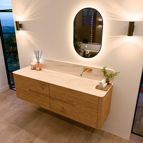 Mondiaz CIRO-DLUX Meuble de salle de bains - 170x45x50cm - Plan-vasque Solid surface Meli - 1 lavabo à droite - sans trous de robinet - 4 tiroirs - Chêne SW1531437