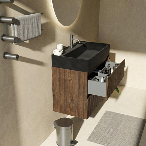 Saniclass Holz Atelier Badkamermeubelset - 80x45x72cm - Legend keramische wastafel mat zwart - 1 wasbak - 1 kraangat - 2 lades - mat eiken charcoal (hout) SW1579634