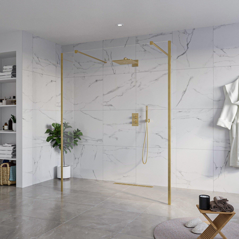 Fortifura Galeria Vrijstaande Inloopdouche - 160x200cm - helder - antikalk - 8mm veiligheidsglas - 2 zijwanden - 30cm - wandsteunen en hoekprofielen - PVD - geborsteld messing (goud) SW992939