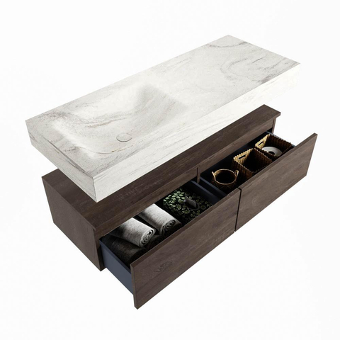 Mondiaz ALAN-DLUX Ensemble de meuble de salle de bains - 80x46cm - 2 tiroirs - lavabo suspendu - sans trous de robinet - 2 à gauche - brun foncé (chêne foncé) SW1428196