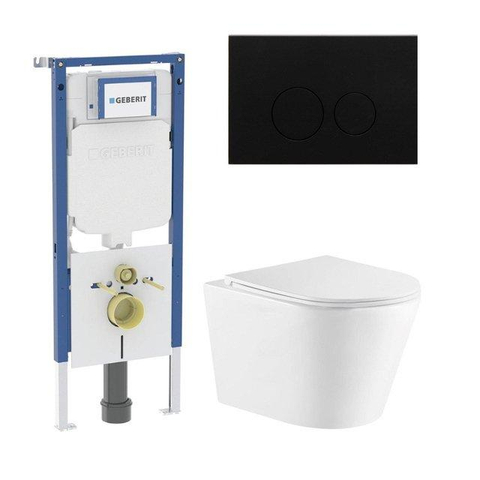 QeramiQ Dely Pack WC - 36.3x51.7cm - à fond creux - sans bride - réservoir encastré Geberit UP720 - abattant WC softclose 35 mm - plaque de déclenchement en laiton brossé - boutons ronds - noir mat SW1428222