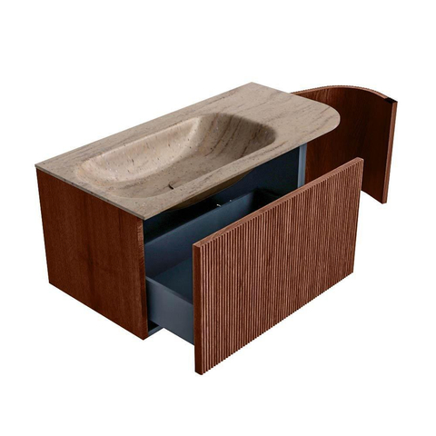 MONDIAZ KURVE-DLUX Meuble de salle de bains 95cm arrondi à droite couleur Ruby avec 1 tiroir et 1 porte. Lavabo BIG SMALL gauche sans trou de robinet Saba. SW1433448