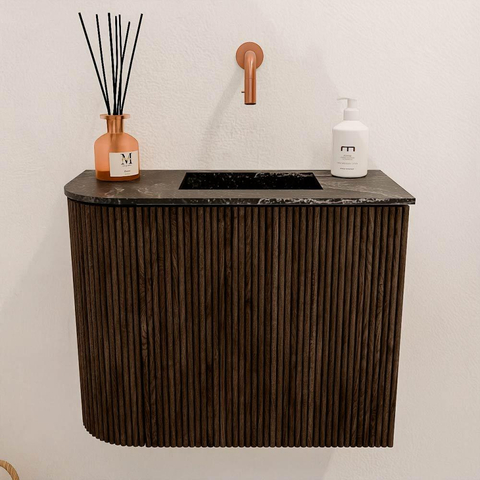 Mondiaz JOYA-DLUX Meuble de salle de bains 51,6cm - arrondi gauche couleur Noyer - Vasque FAYE position Droite Sans trou de robinet couleur Lava SW1422507