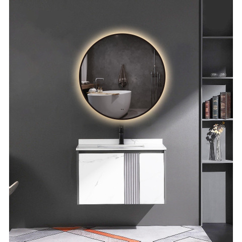 Saniclass Lonato Miroir avec éclairage rond diamètre 80cm avec éclairage LED indirect avec chauffe miroir et interrupteur infrarouge noir mat SW643410