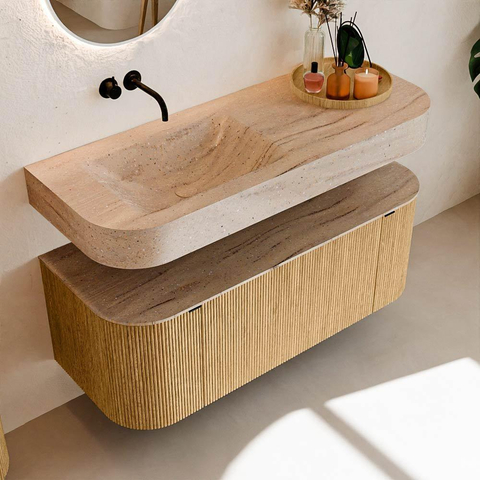 MONDIAZ THOR-DLUX 120cm badmeubel ronding links + rechts kleur Oak met 1 lade en 2 deuren. Vrijhangende wastafel CLOUD Links zonder kraangat kleur Saba. SW1463422