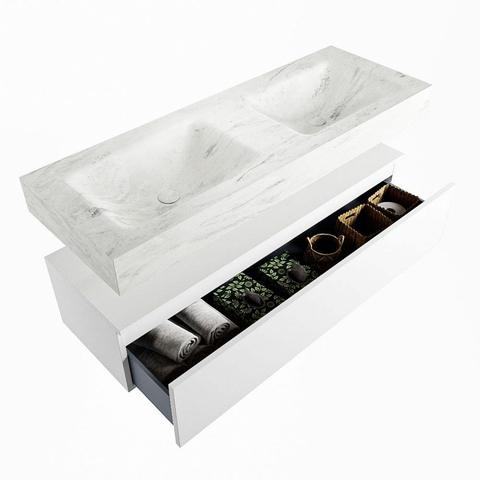 Mondiaz ALAN-DLUX Ensemble de meuble - 130cm - meuble Talc mat - 1 tiroir - Lavabo Cloud Opalo suspendu - vasque Gauche et droite - 2 trous de robinet SW806409