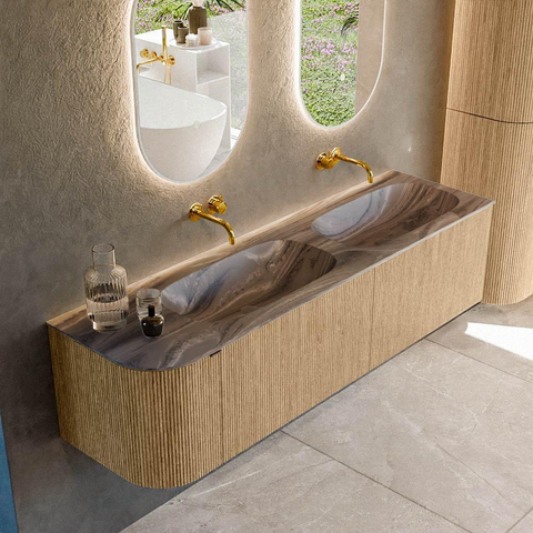 MONDIAZ KURVE-DLUX Meuble de salle de bains 165cm arrondi à gauche couleur Chêne avec 2 tiroirs et 1 porte. Lavabo STOR SMALL Double / Droite sans trou de robinet Sombra. SW1433608