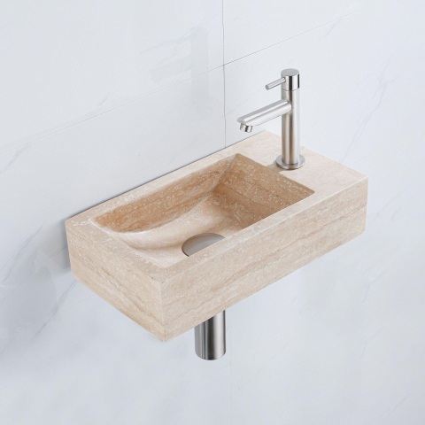 FugaFlow Efficiente Ensemble Fontaine Pierre - 40x22x10 cm - trou du robinet à droite - robinet de fontaine en acier inoxydable brossé PVD - bouchon de vidange - siphon abaissé - pierre naturelle mouchetée SW1448147