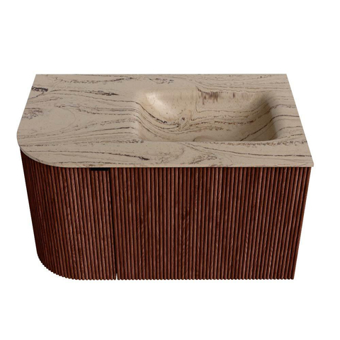 MONDIAZ KURVE-DLUX Meuble de salle de bains 75cm arrondi à gauche couleur Ruby avec 1 tiroir et 1 porte. Lavabo GRUNNE à droite 1 trou de robinet Arena. SW1431459