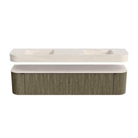 MONDIAZ THOR-DLUX 200cm meuble de salle de bains arrondi gauche + droite couleur Shadow avec 2 tiroirs et 2 portes. Vasque suspendue CLOUD Double 2 trous de robinet couleur Meli. SW1467135