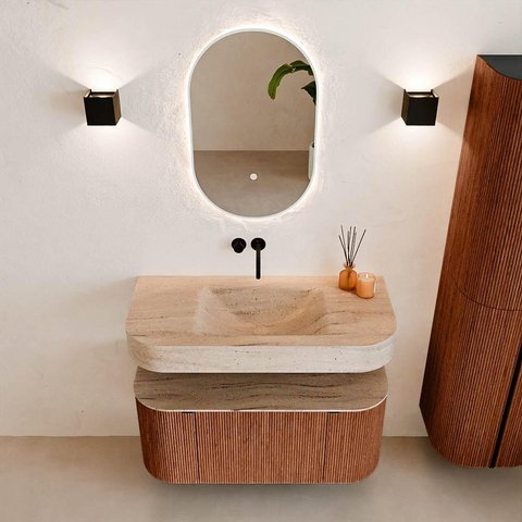 MONDIAZ THOR-DLUX Meuble de salle de bains - 100cm - arrondi gauche + droite - couleur Ruby - 1 tiroir - 2 portes - Vasque suspendue CLOUD Milieu sans trou de robinet couleur Saba SW1467567