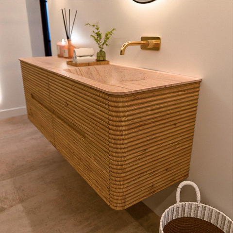 Mondiaz CIRO-DLUX Badkamermeubelset - 140x45x50cm - Solid surface wastafel Saba - 1 wasbak Rechts - zonder kraangaten - 4 lades - Oak SW1531186