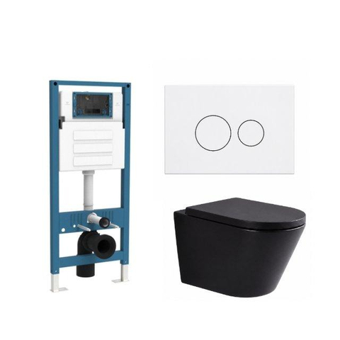 QeramiQ Dely Ensemble de toilette - réservoir encastré Qeramiq Flush - abattant 35mm - plaque de commande blanche brillante en plastique - boutons ronds - noir mat SW1578489