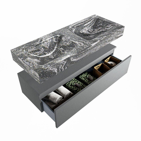 Mondiaz ALAN-DLUX Ensemble de meuble - 120cm - meuble Plata mat - 1 tiroir - Lavabo Cloud Lava suspendu - vasque Gauche et droite - 2 trous de robinet SW808430