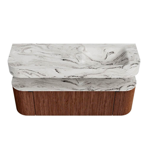 MONDIAZ THOR-DLUX 140cm meuble de salle de bains arrondi gauche + droite couleur Ruby avec 1 tiroir et 2 portes. Vasque suspendue CLOUD Droite sans trou de robinet couleur Glace. SW1464143