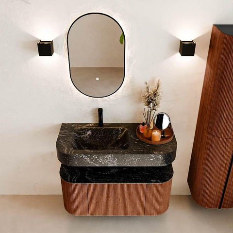 MONDIAZ THOR-DLUX Meuble de salle de bains 100cm arrondi gauche + droite couleur Ruby avec 1 tiroir et 2 portes. Vasque suspendue CLOUD Gauche 1 trou de robinet couleur Lava. SW1467422