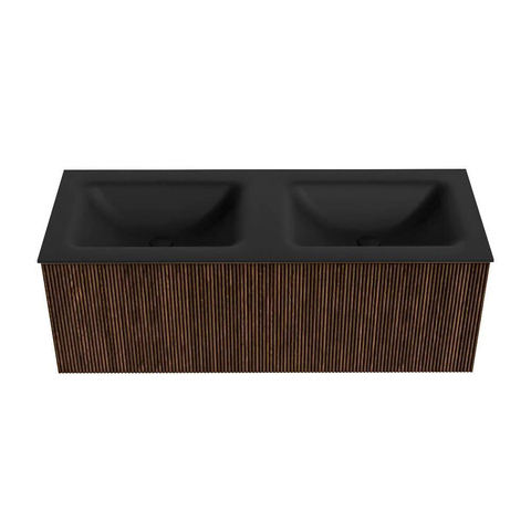 MONDIAZ KURVE 120cm badmeubel kleur Walnut met 1 lade. Wastafel CLOUD dubbel 2 kraangaten Urban. SW1138489