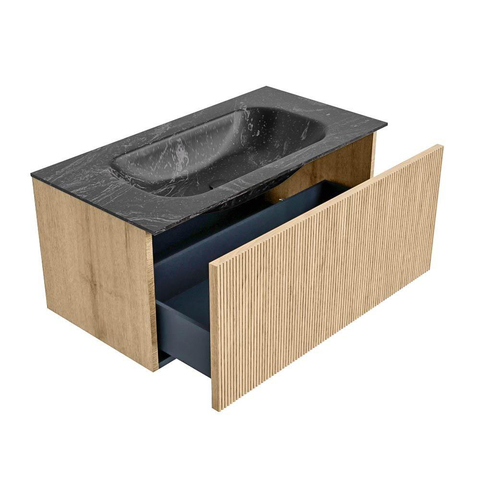 MONDIAZ KURVE-DLUX Meuble de salle de bains 90 cm couleur Oak avec 1 tiroir. Lavabo BIG SMALL central sans trou de robinet couleur Lava. SW1138141