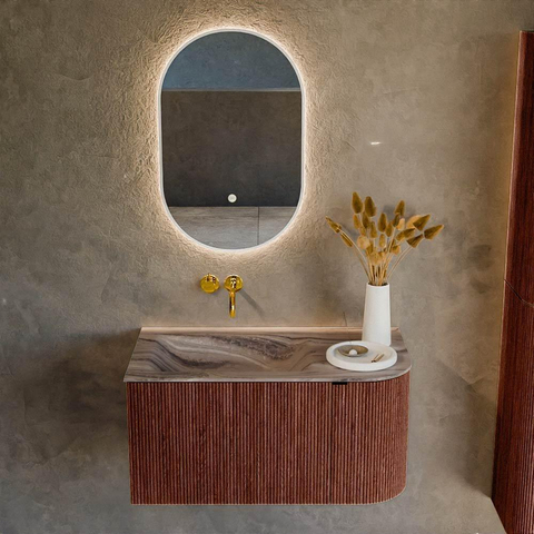 MONDIAZ KURVE-DLUX Meuble de salle de bains 85cm arrondi à droite couleur Ruby avec 1 tiroir et 1 porte. Lavabo CLOUD gauche sans trou de robinet Sombra. SW1433922