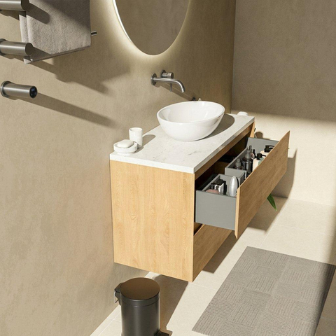 Saniclass Holz Pure Badkamermeubelset - 100x45x63cm - Dia marmeren wastafelblad gepolijst (wit) - zonder kraangat - 2 lades - mat eiken natural (hout) SW1478360