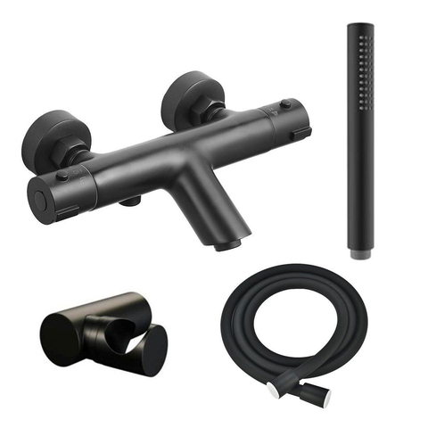 Adema Sparkle Robinet de douche/bain thermostatique avec douchette stick et support avec flexible Noir mat SW769453