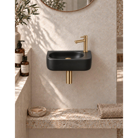 QeramiQ Fuente pack lave-mains – demi-rond – 40 x 21,5 x 12 cm – céramique noir mat – robinet doré brossé SW1232822