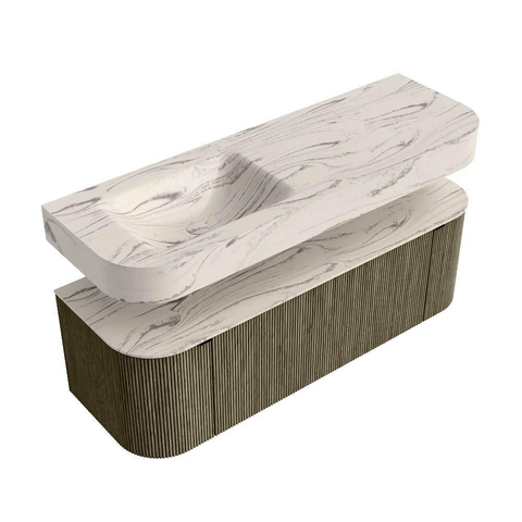 MONDIAZ THOR-DLUX 140cm badmeubel ronding links + rechts kleur Shadow met 1 lade en 2 deuren. Vrijhangende wastafel CLOUD Links 1 kraangat kleur Nata. SW1464275
