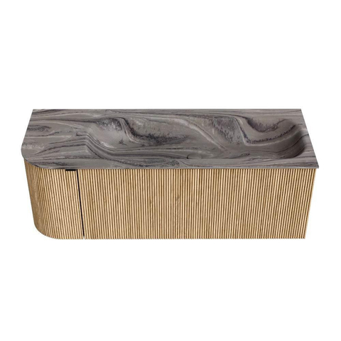 MONDIAZ KURVE-DLUX Meuble de salle de bains 125cm arrondi à gauche couleur Oak avec 1 tiroir et 1 porte. Plan-vasque BIG MEDIUM à droite sans trou de robinetterie Sombra. SW1433573