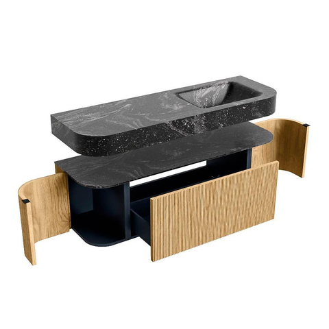 MONDIAZ THOR-DLUX 140cm badmeubel ronding links + rechts kleur Oak met 1 lade en 2 deuren. Vrijhangende wastafel CLOUD Rechts 1 kraangat kleur Lava. SW1463939