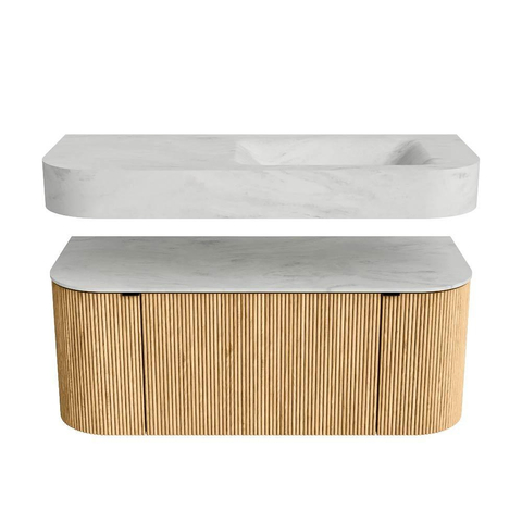 MONDIAZ THOR-DLUX 110cm meuble de salle de bains arrondi gauche + droite couleur Oak avec 1 tiroir et 2 portes. Vasque suspendue CLOUD droite sans trou de robinet couleur Opalo. SW1462758