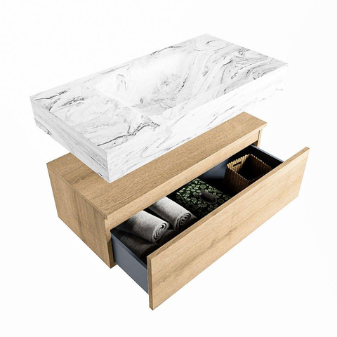 MONDIAZ ALAN - DLUX Ensemble de meuble de salle de bains - 90cm - meuble bas - Chêne lavé - 1 tiroir - lavabo suspendu - vasque centrée - 1 trou de robinet - Glace SW808960
