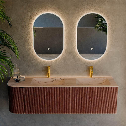 MONDIAZ KURVE-DLUX Meuble de salle de bains 155cm arrondi à gauche couleur Ruby avec 2 tiroirs et 1 porte. Lavabo LEAF Double / Droite 2 trous de robinet Arena. SW1431531