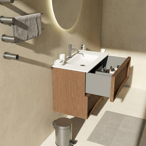 Saniclass Holz Frame Badkamermeubelset - 80x45x61.5cm - Flow solid surface wastafel wit - 1 wasbak - 1 kraangat - 2 lades - mat walnut pure (hout) SW1579969