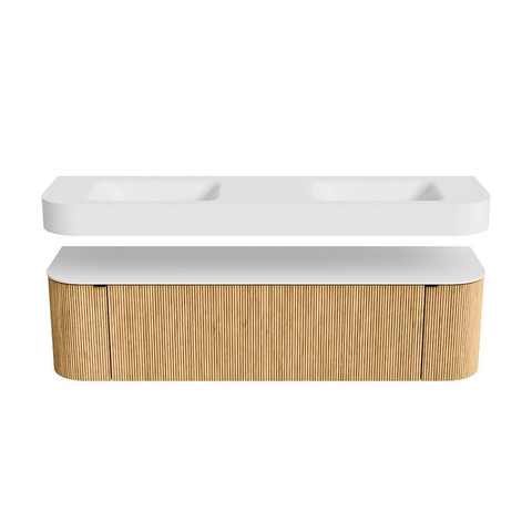 MONDIAZ THOR Meuble de salle de bains 170cm arrondi gauche + droite couleur Oak avec 1 tiroir et 2 portes. Vasque suspendue CLOUD Double 2 trous de robinet couleur Talc. SW1465443