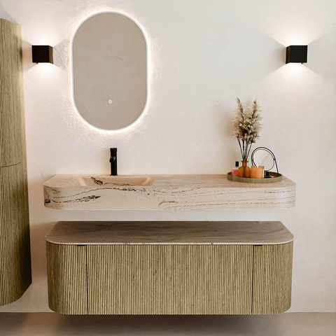 MONDIAZ THOR-DLUX Meuble de salle de bains 140cm arrondi gauche + droite couleur Dusk avec 1 tiroir et 2 portes. Vasque suspendue CLOUD Gauche 1 trou de robinet couleur Arena. SW1464351