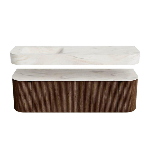 MONDIAZ THOR-DLUX 150cm badmeubel ronding links + rechts kleur Walnut met 1 lade en 2 deuren. Vrijhangende wastafel CLOUD Links 1 kraangat kleur Ostra. SW1464496