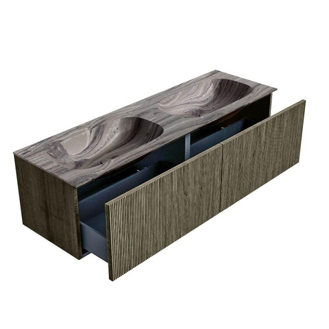 MONDIAZ KURVE-DLUX 150cm badmeubel kleur Shadow met 2 lades en 0 deuren. Wastafel STOR SMALL Dubbel 2 kraangaten Sombra. SW1434067
