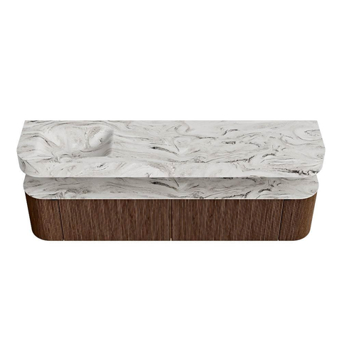MONDIAZ THOR-DLUX 200cm badmeubel ronding links + rechts kleur Walnut met 2 lades en 2 deuren. Vrijhangende wastafel CLOUD Links 1 kraangat kleur Glace. SW1466978