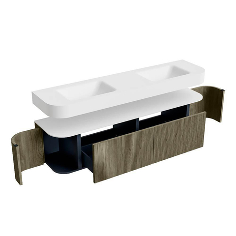 MONDIAZ THOR Meuble de salle de bains 180cm arrondi gauche + droite couleur Shadow avec 2 tiroirs et 2 portes. Vasque suspendue CLOUD Double sans trou de robinet couleur Talc. SW1466051