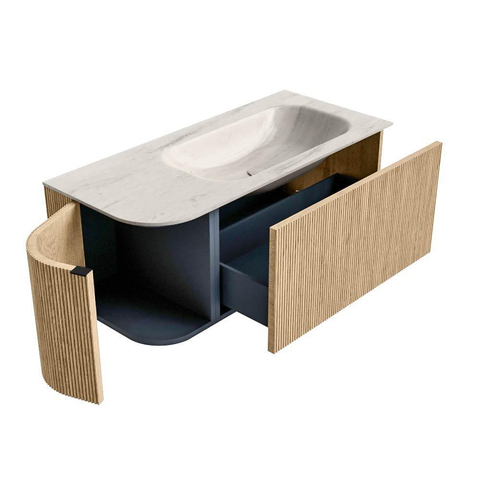 MONDIAZ KURVE-DLUX Meuble de salle de bains 105cm arrondi à gauche couleur Oak avec 1 tiroir et 1 porte. Vasque BIG SMALL à droite 1 trou de robinet Meli. SW1431600