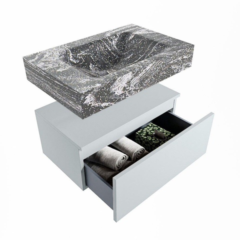 Mondiaz ALAN-DLUX Ensemble de meuble - 70cm - meuble Clay mat - 1 tiroir - Lavabo Cloud Lava suspendu - vasque Centre - 1 trou de robinet SW808528